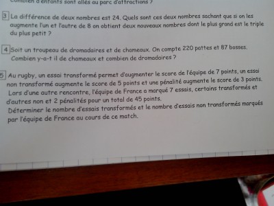 3- J'ai juste commencé :<br />Soit x le 1er nombre.<br />Soit y le 2eme nombre.<br /><br />x - y = 24<br />(x + 8) = 3(y + 8)<br /><br />x - y = 24<br />(x + 8) = 3y + 24<br /><br />Mais je doute... Ai-je le droit de transposer 3y ? (Qui se transformera donc en -3y)<br /><br />Merci de votre aide !