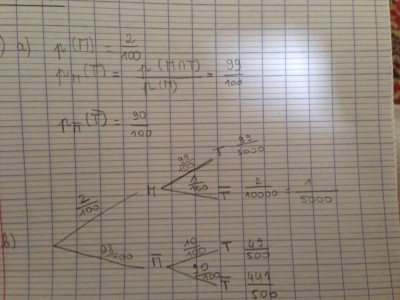 Voilà le premier arbre, je l'ai complété en entier, les probabilités a l'extrémité correspondant à P(M-inter-T)...<br />Mes probabilités sont-elles bonnes ?